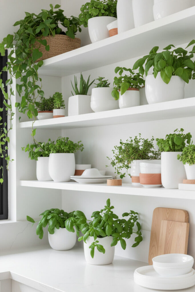 Three bright white floating shelves lush with green herbs and houseplants in simple pots above white counters and oak boards—airy greenery guided by minimalist kitchen shelf decor tips.