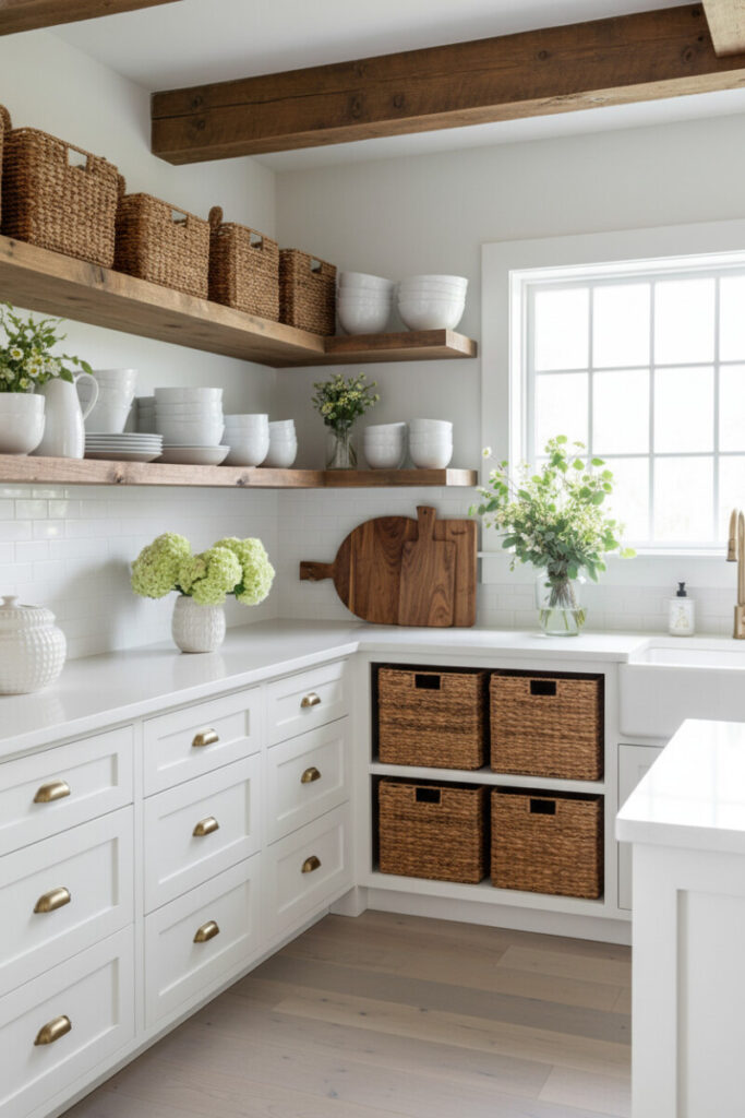 Corner farmhouse scene with distressed wood shelves, wicker baskets, white bowls, shaker cabinets, and wildflowers—organized warmth for farmhouse kitchen shelf organization ideas.