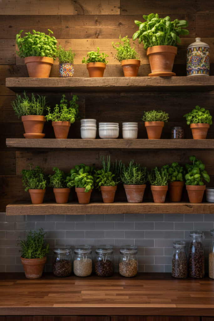 Reclaimed barn wood shelves lined with terracotta potted herbs, ribbed prep bowls, and glass jars over walnut butcher block—textural showcase for Kitchen Shelf Decor Ideas.