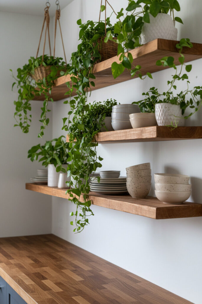 Distressed wood shelves with cascading pothos and creeping fig, neutral ceramics, and a rich butcher block counter—rustic boho vignette with dramatic trailing plants.
