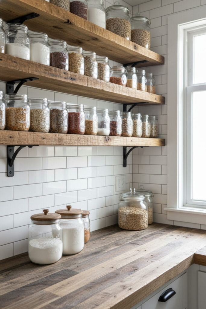 Rustic shelves against glossy white tile filled with uniform Mason jars of grains and spices; large apothecary jars on butcher block—pantry-perfect open shelving ideas.