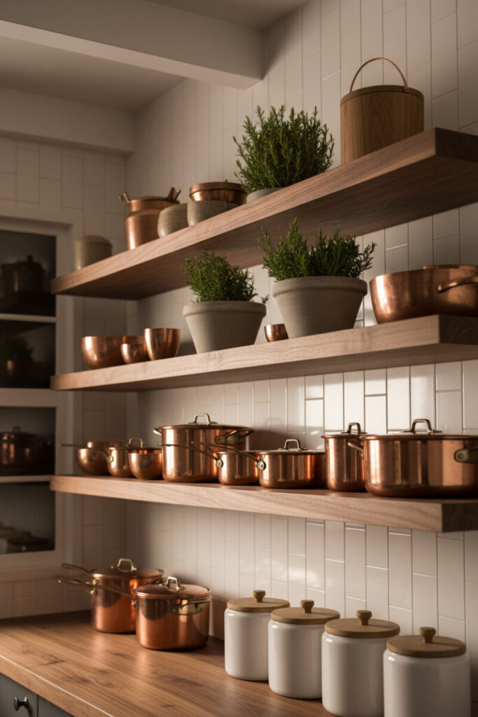 Thick wood shelves before vertical subway tile displaying fluted copper pots, greige planters of herbs, and canisters on walnut counter—warm shine with thoughtful kitchen shelf styling.