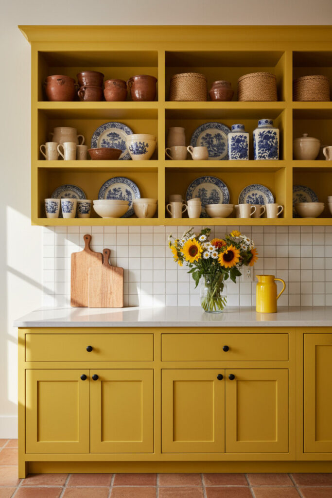 Marigold built-in shelves packed with eclectic ceramics, baskets, and a yellow bouquet over pale gray counters—cheerful maximalism for standout Kitchen Shelf Decor Ideas.