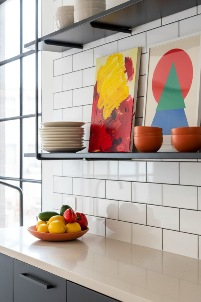 Matte black metal shelves over white subway tile showcasing a column of white plates, bold framed abstract art, and terracotta bowls—graphic open shelving ideas in a modern industrial nook.