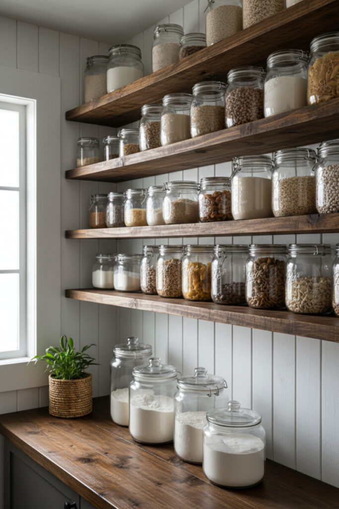 Vintage dark wood shelves on white shiplap stacked with antique glass storage jars; soft window light and a small woven-basket plant—quiet, nostalgic storage scene.