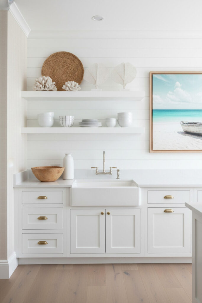 White shiplap wall with pure white shelves styled in coastal textures—straw mat, coral, pinstriped bowls—bright, relaxed open shelving ideas by a farmhouse sink.