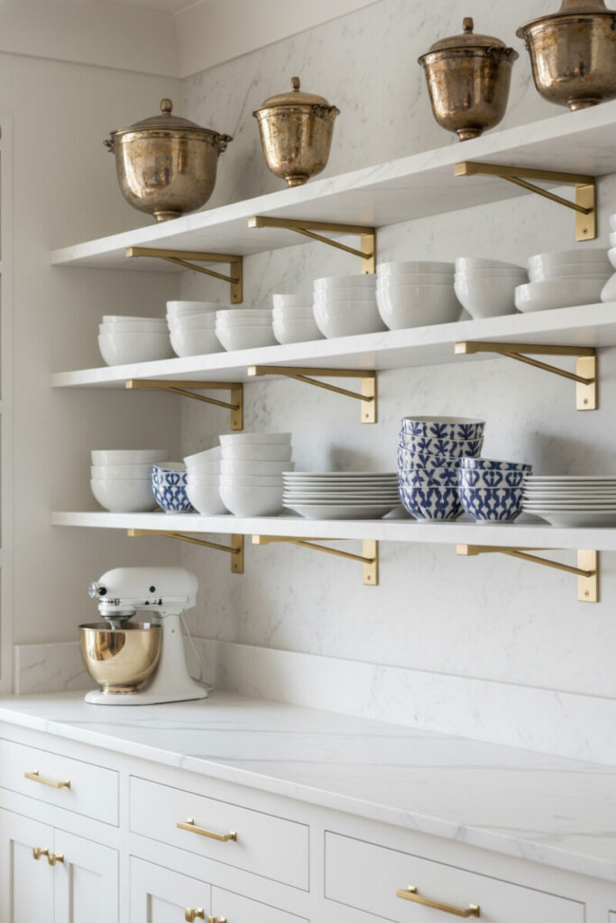 Carrara marble shelves on brass brackets with white plates, indigo patterned bowls, and a vintage mixer with brass bowl—elevated look driven by polished kitchen shelf styling.