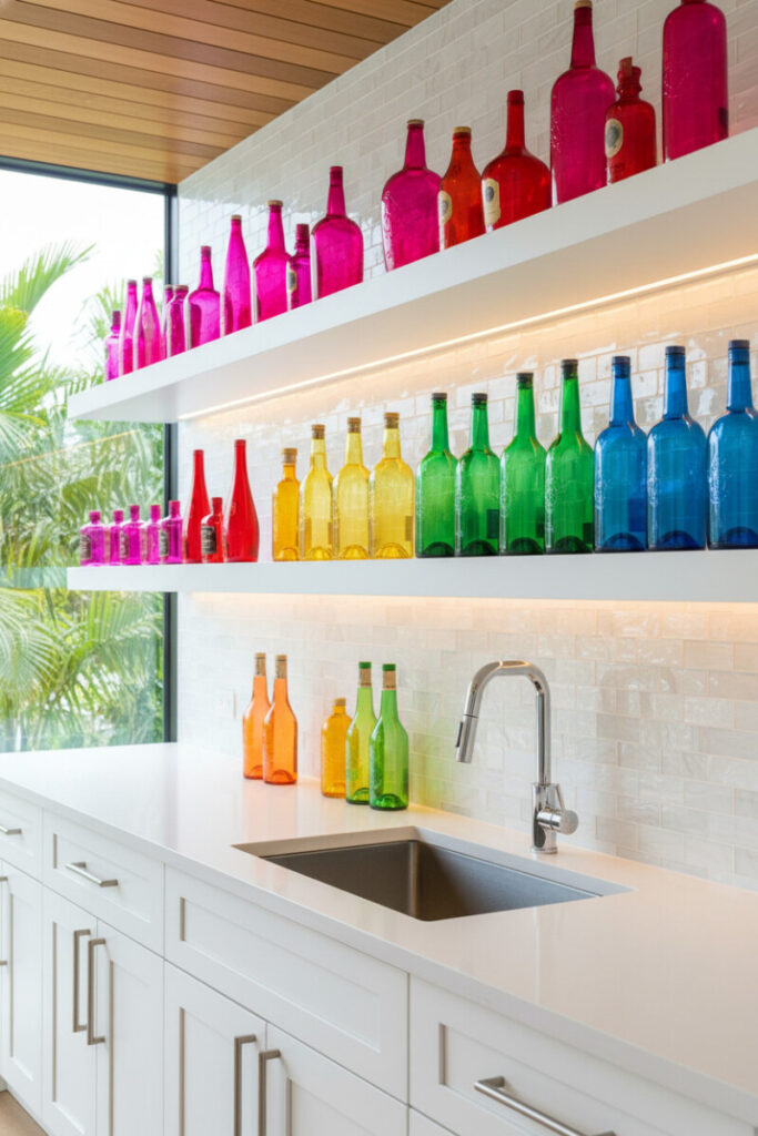 Two long white shelves lined with rainbow glass bottles under warm LEDs above a white bar sink—playful color study suited to bold Kitchen Shelf Decor Ideas.