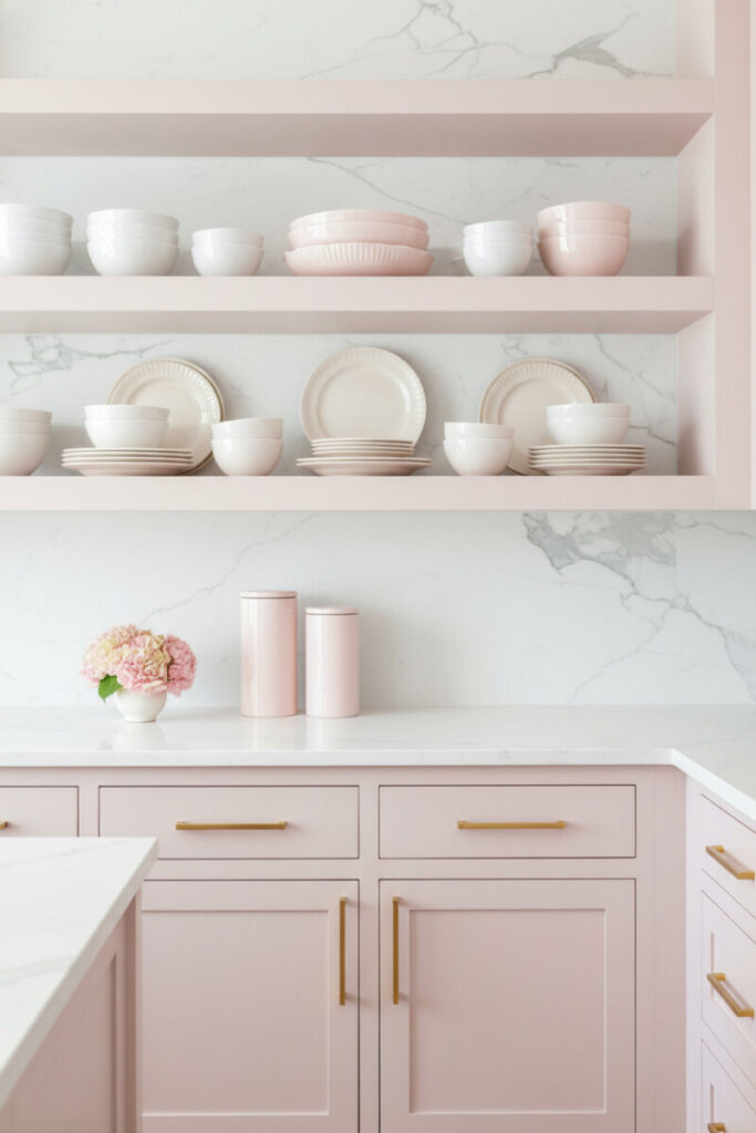 Blush-pink shelves against veined marble holding glossy white bowls, matte pink serveware, and brass pulls below; small hydrangeas—soft elegance following minimalist kitchen shelf decor tips.