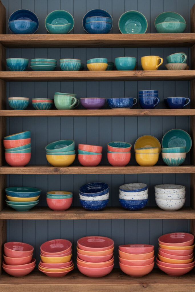 Six rustic wooden tiers densely arranged with colorful ceramic bowls, mugs, and plates, grouped by hue against slate-blue shiplap—lively collection and curated open shelving ideas.