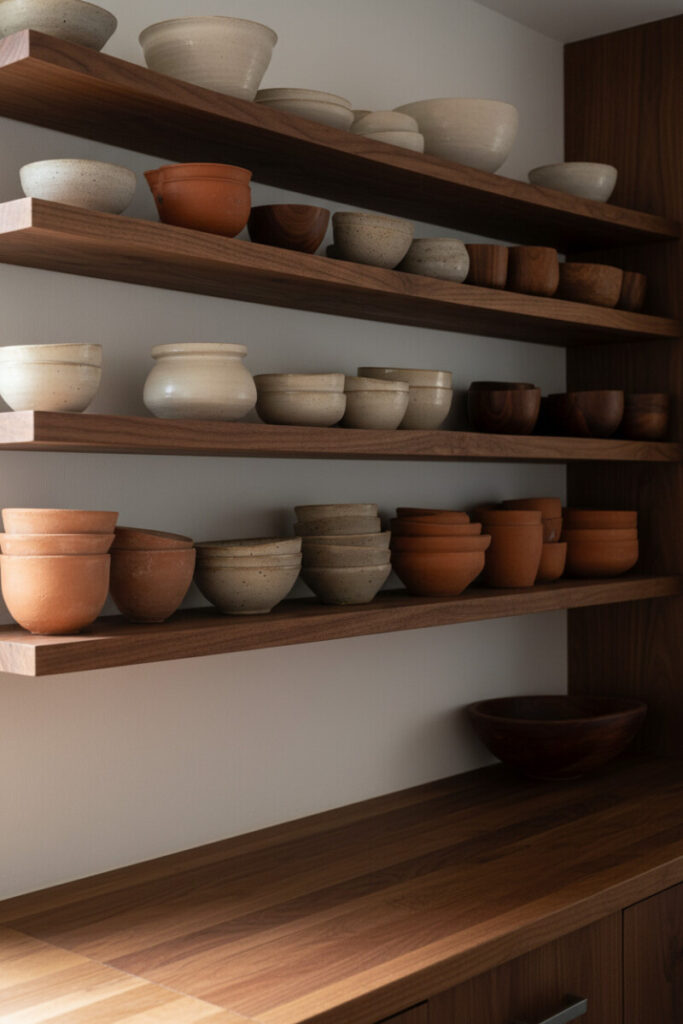 Thick wood shelves showcasing handmade pottery—creamy stoneware, speckled gray bowls, rough terracotta, and dark wooden cups—wabi-sabi textures in warm daylight.