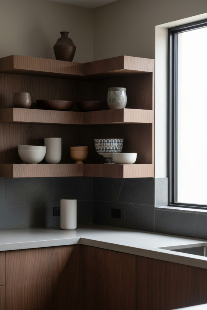 Corner walnut L-shaped shelves against greige with earthy ceramics, slate tile backsplash, and window light creating warm shadows—organic modern kitchen vignette.