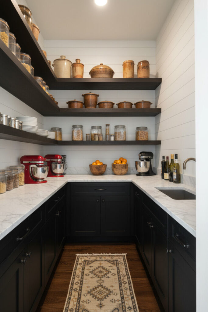 Espresso wood pantry shelves on white shiplap packed with earthenware crocks, glass dry-goods jars, and a marble counter—practical charm for farmhouse kitchen shelf organization ideas.