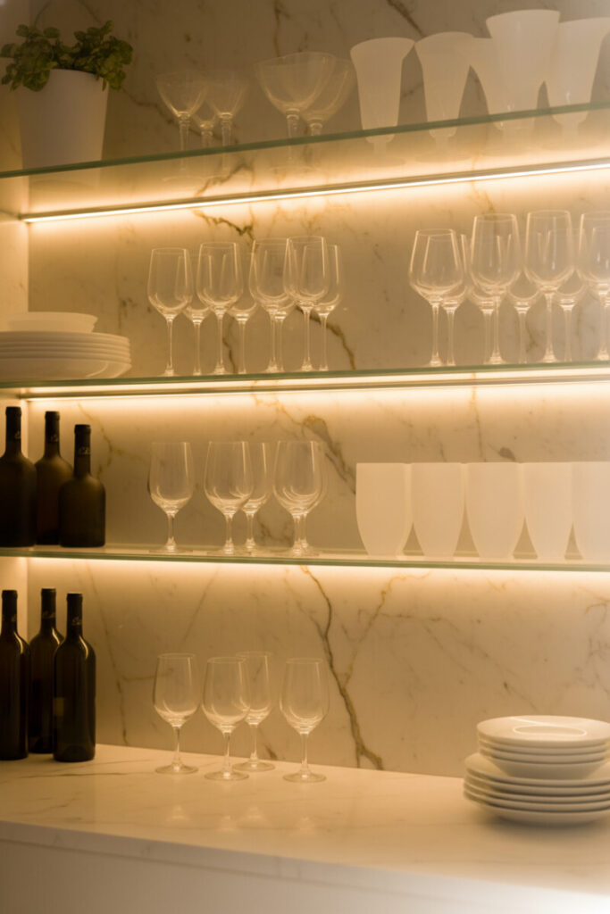 Illuminated floating glass shelves loaded with crystal stemware and bottles against warm-veined marble—dramatic sparkle for luxe Kitchen Shelf Decor Ideas.