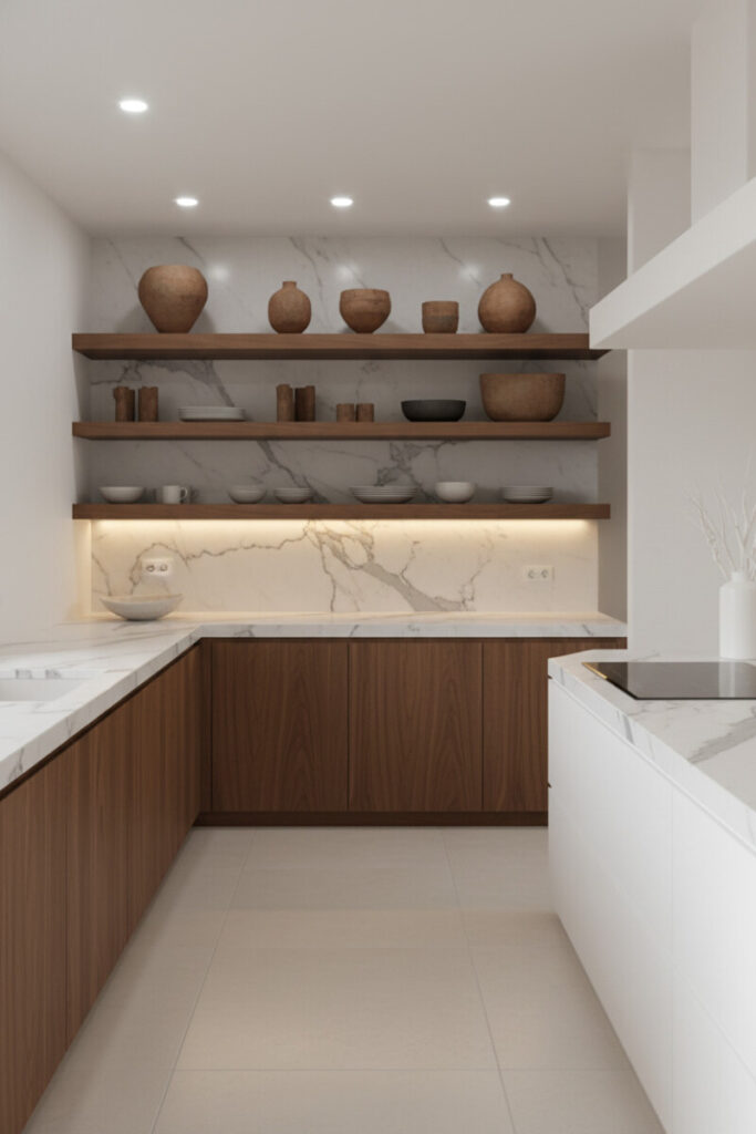 Walnut floating shelves over Calacatta marble with restrained pottery and an under-shelf glow—serene minimalist kitchen shelf decor tips and refined kitchen shelf styling.