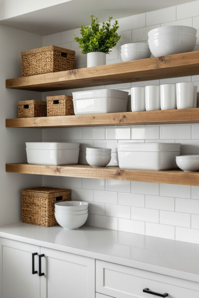 Rustic reclaimed shelves with lidded wicker baskets, white mugs, and a leafy plant over white subway tile—cozy simplicity for farmhouse kitchen shelf organization ideas.