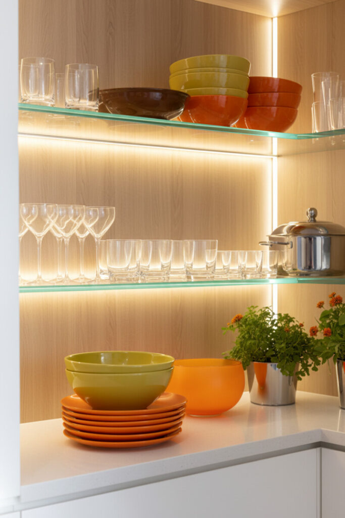 Edge-lit glass shelves with colored ceramics, stainless pot, and chrome herb planters on light wood backing—showpiece open shelving ideas with warm LED ambiance.