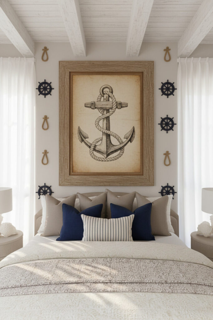 Symmetrical Hamptons coastal scene with anchor art over king bed, navy pillows, vaulted white beams, sheer linen curtains — elegant Hamptons style nautical bedroom design.