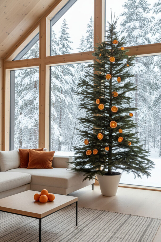 Slim Scandinavian spruce adorned only with glowing dried orange slices in front of an A-frame window wall and snowy forest view.