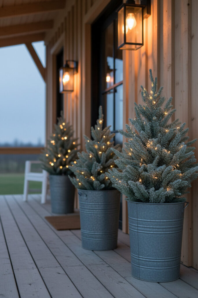 Twilight porch vignette of three frosted mini trees in ribbed galvanized buckets with warm LED fairy lights outside a black-framed door.