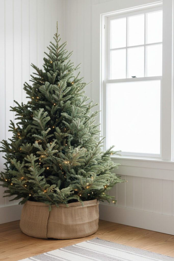 Classic balsam fir with sparse pinprick lights and a rustic grain sack tree skirt against white shiplap and bright winter daylight.