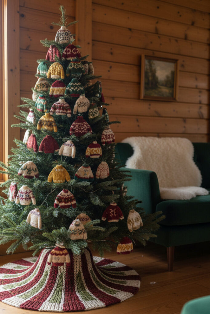 Large evergreen adorned with miniature hand-knitted sweater ornaments and a chunky striped knit tree skirt beside an emerald velvet sofa.