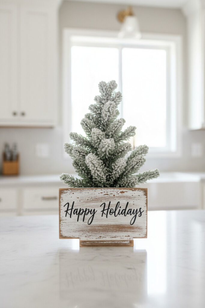 Kitchen island vignette: miniature flocked tree behind a distressed hand-painted “Happy Holidays” wooden sign on a polished stone counter.