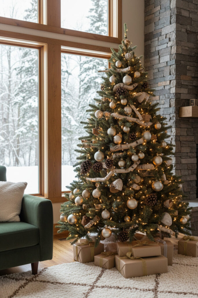 Tall fir decorated with pinecones and birch log segments, matte gold ornaments, and thousands of warm LEDs beside a stacked-stone fireplace.