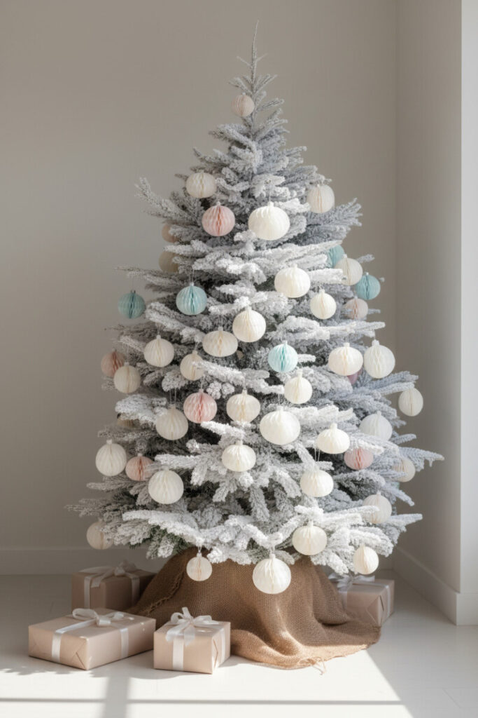 Heavily flocked spruce with honeycomb paper globes in white, ivory, and pastels; burlap-wrapped base in a bright minimalist room.