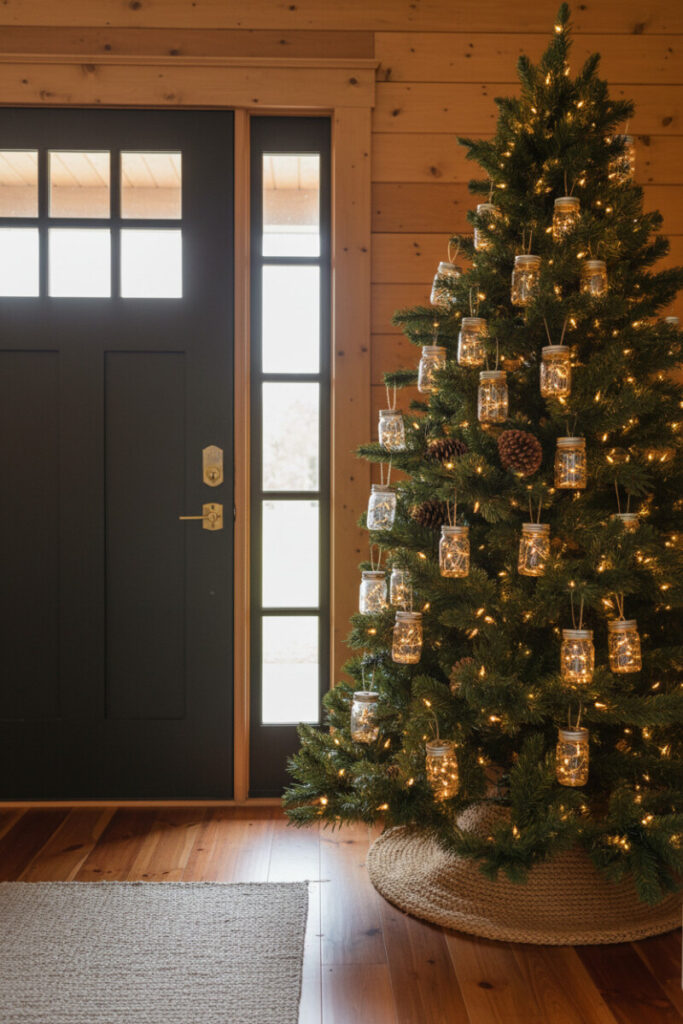 Farmhouse entry tree with incandescent strings and glowing Mason jar ornaments, jute rope skirt, and pinecones; farmhouse style Christmas tree ideas.
