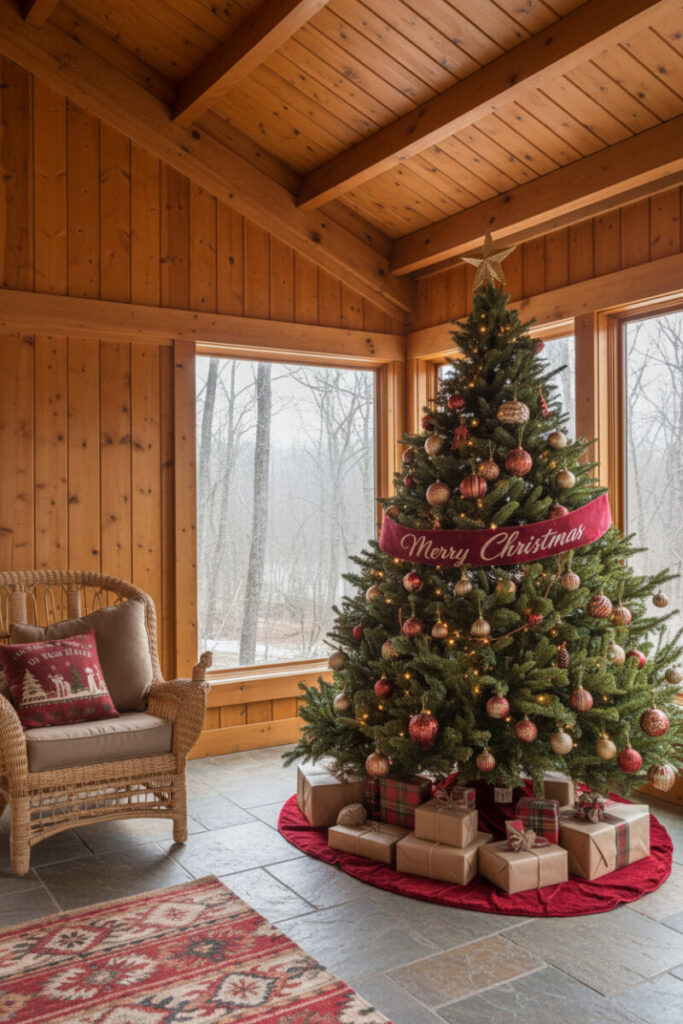 Cabin sunroom tree with rustic red, aged gold, and tarnished silver baubles wrapped by a deep-red “Merry Christmas” banner and velvet skirt.