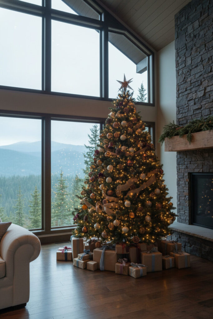 Modern rustic great room featuring pinecones, dried orange slices, burlap ribbon, and matte copper bells on a Fraser fir; Rustic Christmas Tree Ideas.