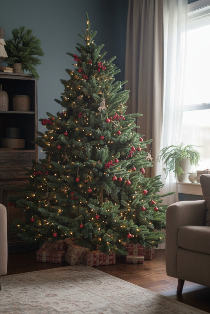 Low-angle view of towering evergreen studded with glossy red berry clusters, small crimson baubles, and aged bronze ornaments.