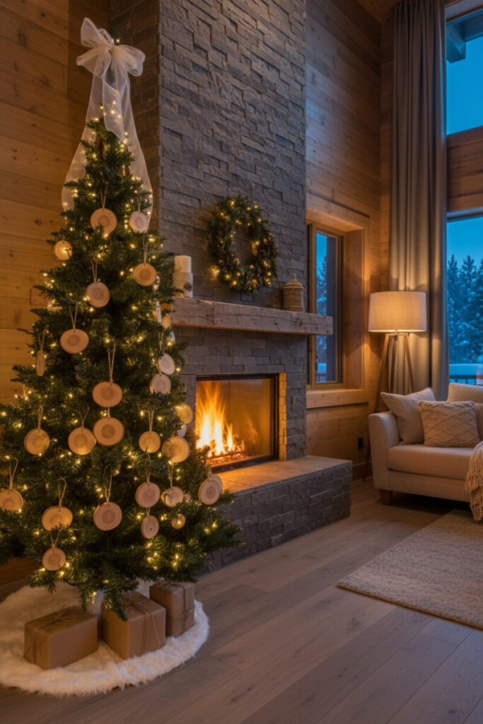 Minimal birch slice ornaments hung by twine on a dense green tree with cream ribbon bow and white faux-fur skirt; rustic lodge backdrop.