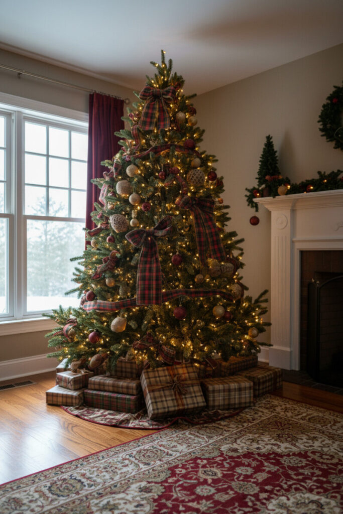 Lodge tree drenched in plaid flannel bows and ribbons, aged matte gold and deep maroon ornaments, and thousands of amber LEDs; cozy cabin Christmas.