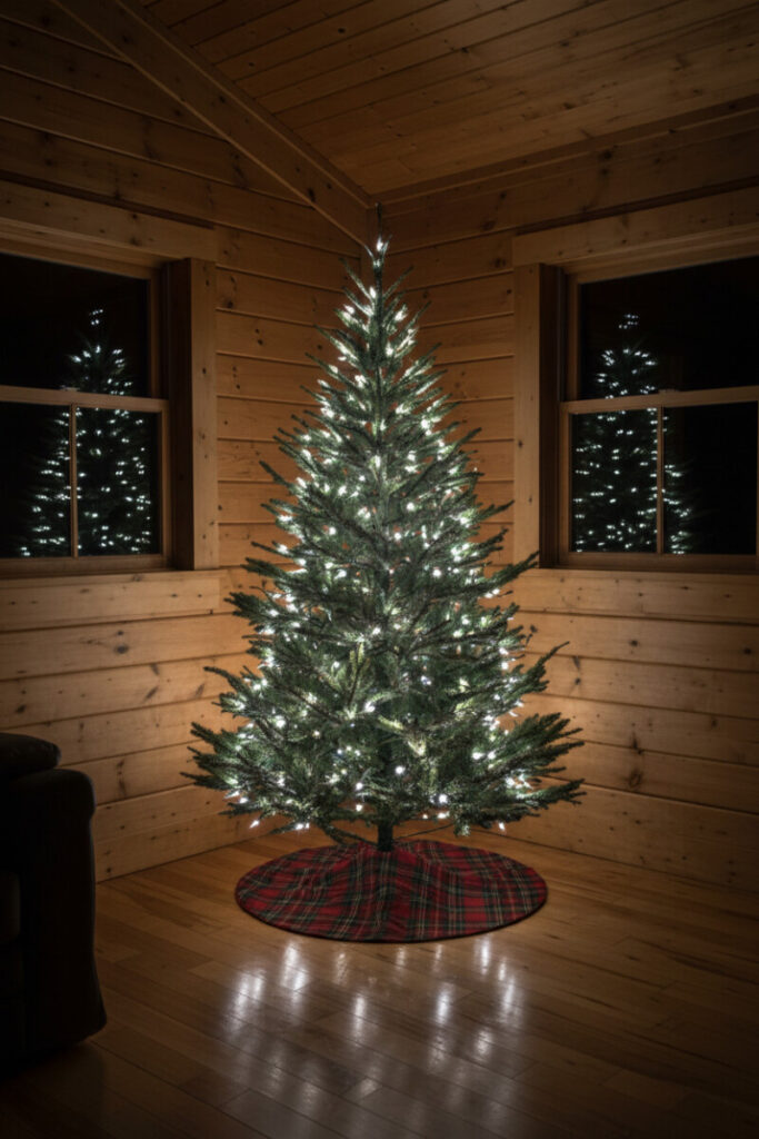 Small cedar tree with brilliant white LEDs and a traditional tartan skirt reflecting on honey-toned wood floors in a dim cabin.
