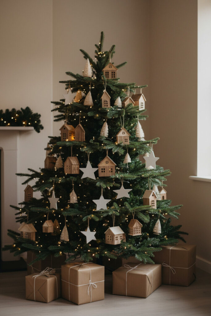 Scandi farmhouse tree filled with miniature wooden village houses, chunky white stars, frosted bottle-brush trees, and warm fairy lights.