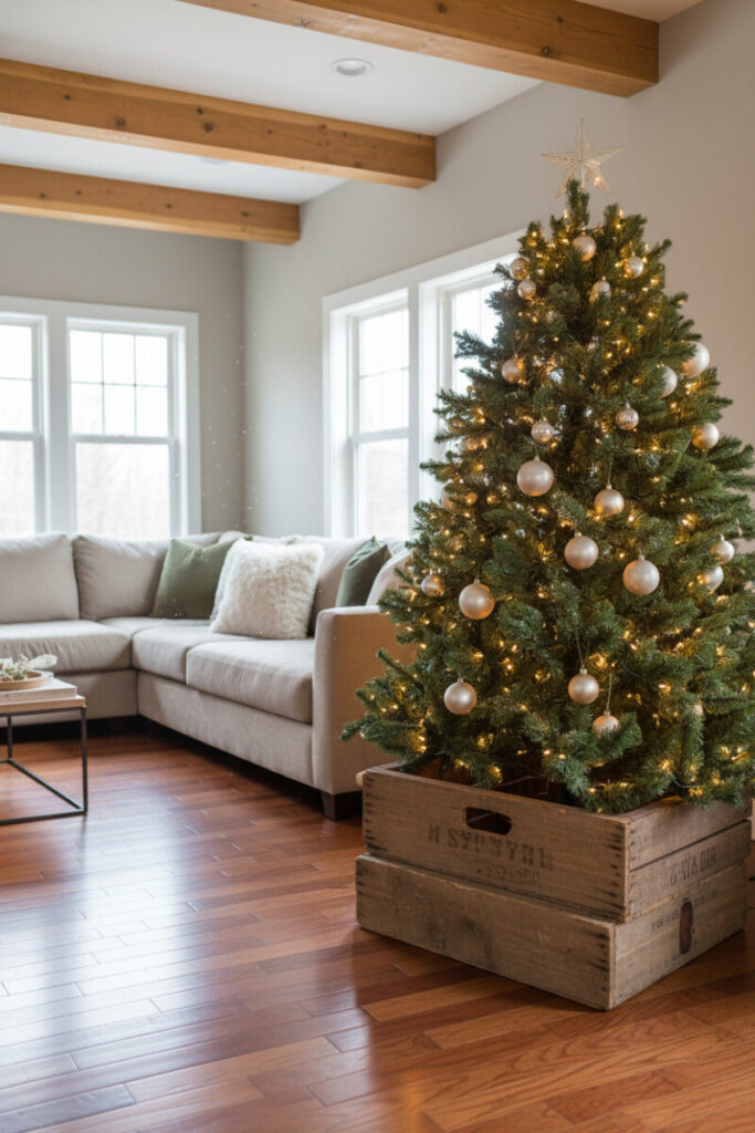 Lush evergreen elevated on stacked rustic wooden shipping crates, warm fairy lights, and a polished hardwood floor; farmhouse style Christmas tree ideas.
