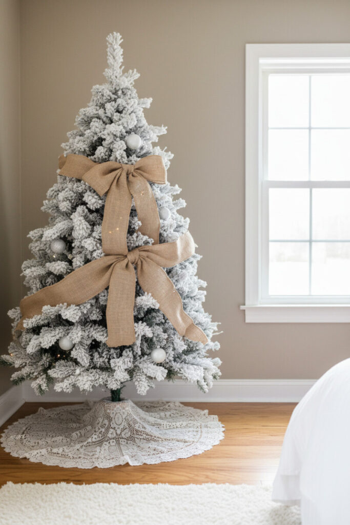 Heavily flocked pine draped in wide burlap sash, sparse matte white and silver baubles, and a crochet lace tree skirt in airy daylight.