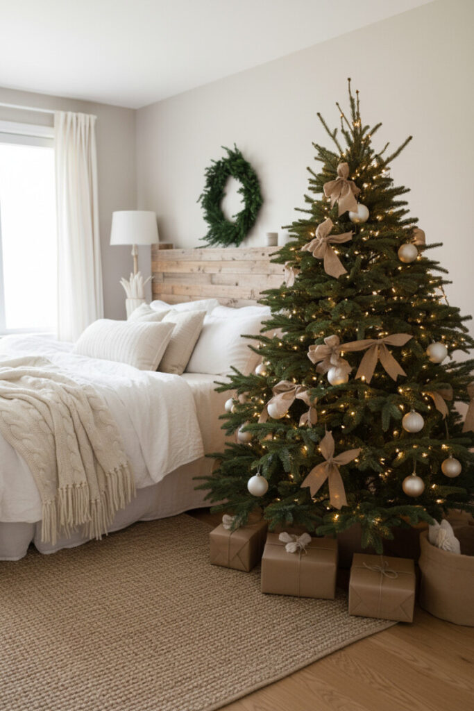 Bedroom Fraser fir with warm micro lights, oversized burlap bows, and neutral bone-white ornaments beside layered linen bedding.