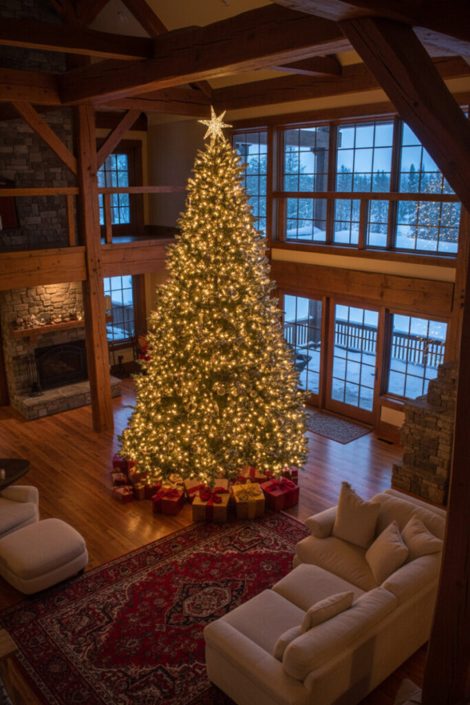 Floor-to-ceiling lodge tree drenched in thousands of warm twinkle lights casting rich golden bokeh over wood beams and Persian rug.