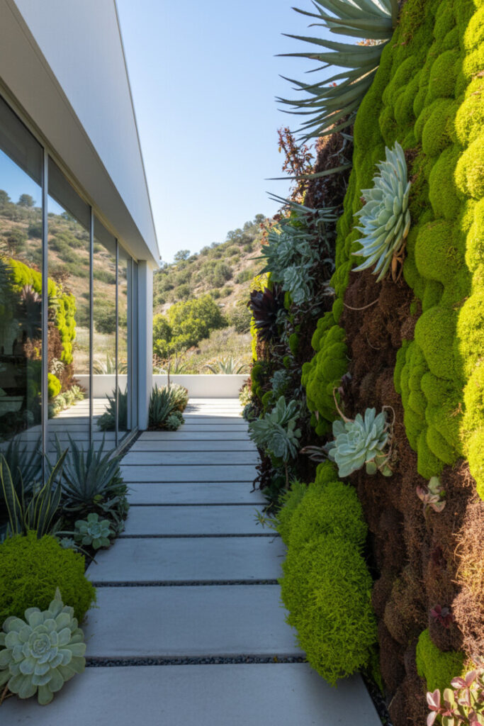 Minimalist passage with long light-gray concrete slabs beside a dramatic moss-and-succulent living wall—bold narrow garden design.