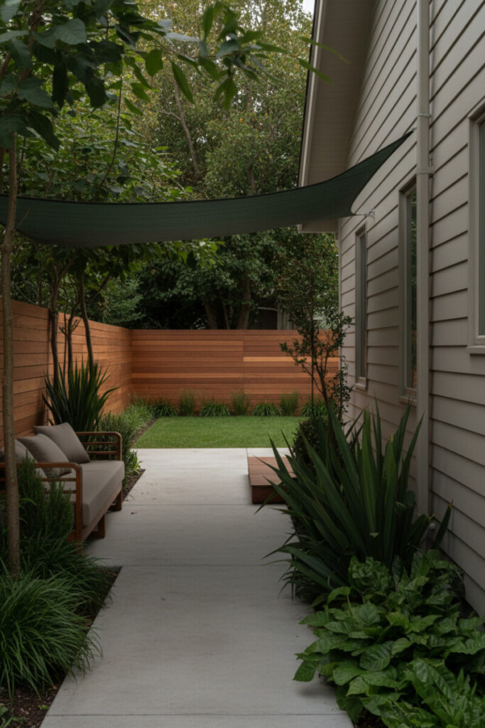 Cozy reading corner under an olive shade sail with modern daybed and yucca along cream siding.