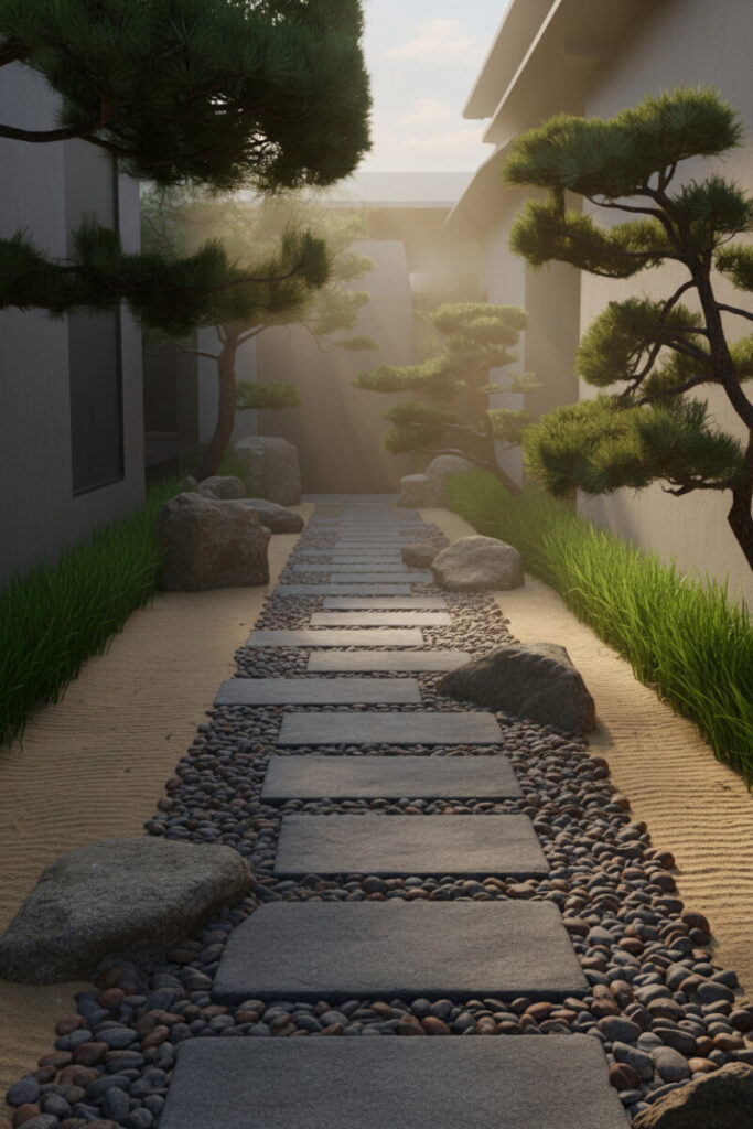 Karesansui rock garden path with raked sand, dark stepping slabs, river pebbles, and sculpted pines for low maintenance side yard landscaping.