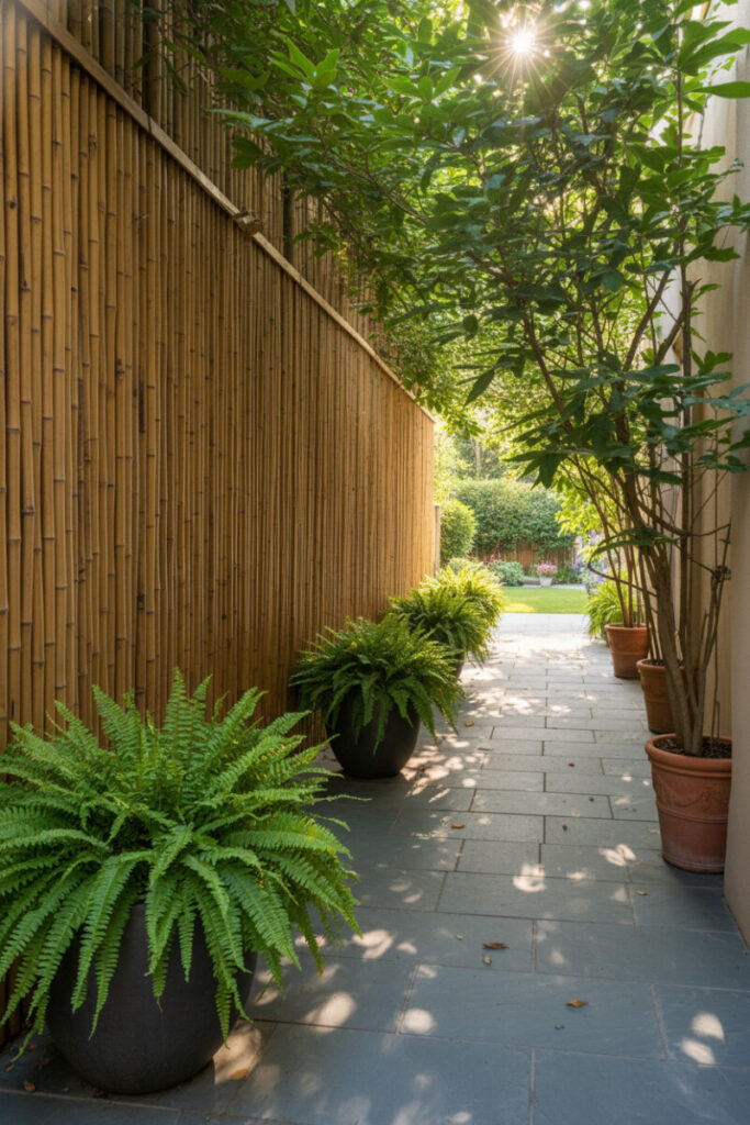 Golden-brown bamboo privacy fence with slate-gray slabs and Boston ferns in charcoal planters, perfect for narrow garden design.