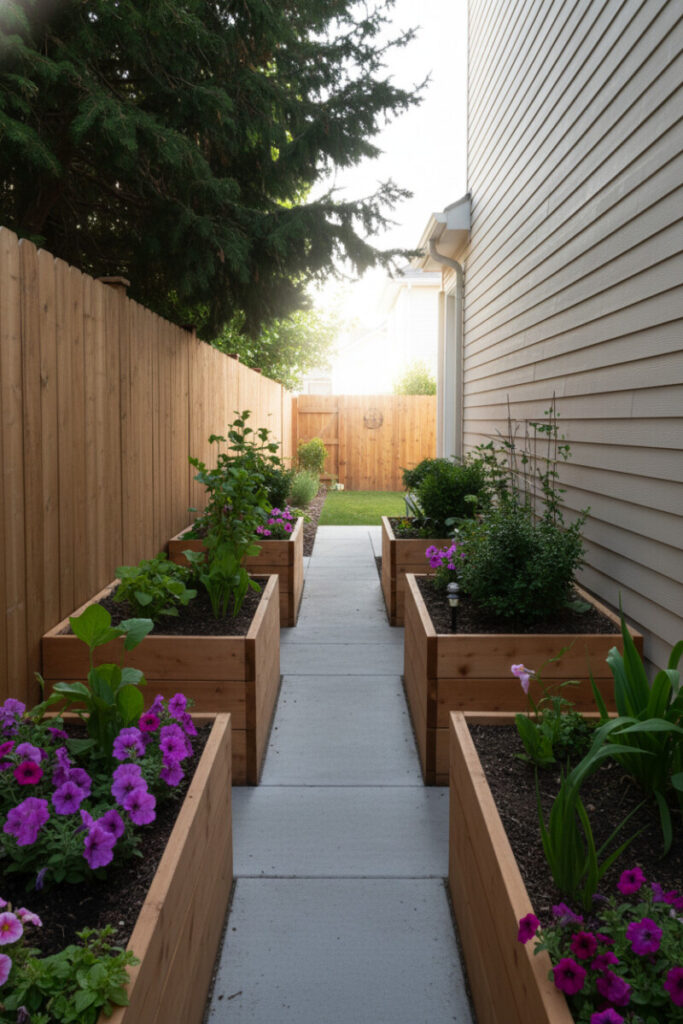 Tall cedar raised beds overflowing with herbs and petunias framing square concrete pavers—productive small backyard landscaping.