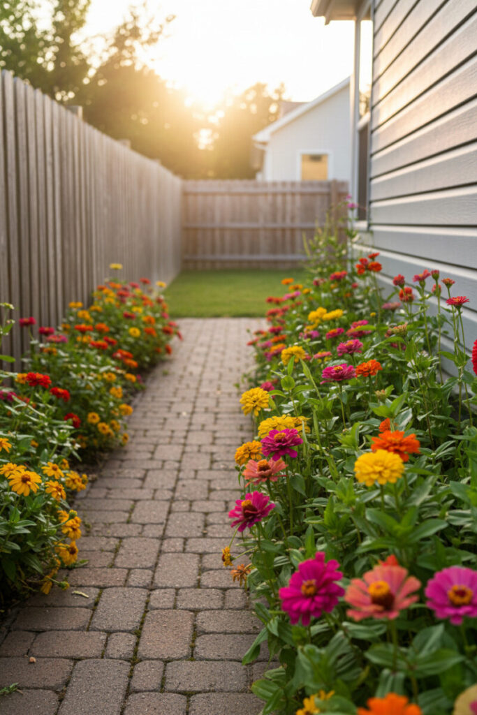 Weathered brick path flanked by vibrant zinnias and daisies beside warm wood fence and gray siding—lush small backyard landscaping.