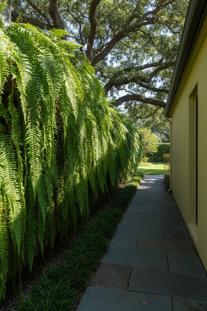 Dense hanging Boston ferns forming a lime-green wall over dark slate pavers beside a pale house; narrow garden design.