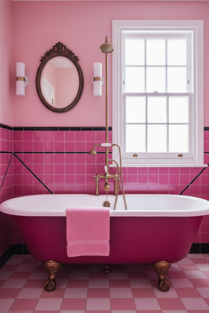 Maximalist pink bathroom with magenta clawfoot tub, black-grout fuchsia tiles, brass plumbing, and oval mirror—playful Vintage Bathroom Designs vibe.
