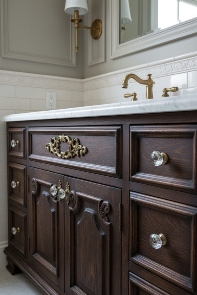 Baroque espresso vanity with marble top, brushed-gold faucet, crystal knobs, and subway backsplash; rich, collected vintage bathroom decor.